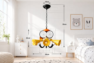 Movie-themed kids chandelier with film reels and yellow megaphone-style iron shades hanging from a black chain.