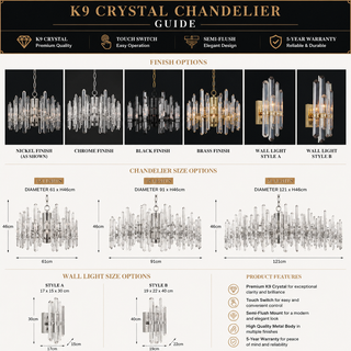K9 Crystal Chandelier – Brass, Chrome & Black Metal, Touch Switch, Semi-Flush, 5-Year Warranty