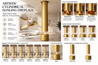 Artistic Cylindrical Hanging Fireplace – High Carbon Steel, Electric or Fuel Option
