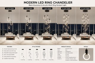 Lustre anneau LED moderne – Suspension multianneau en aluminium noir et acrylique