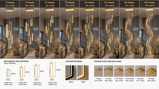 Lustre d'escalier minimaliste – Noir ou doré, 5 à 40 têtes, Suspension LED multi-tailles