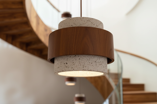 Travertine Stone & Walnut Wood Staircase Pendant Light – Cascading Spiral, 6 to 18 Heads