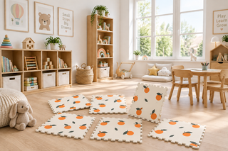 Orange Citrus Print EVA Foam Interlocking Play Mat – 6 Tiles 60x60cm, Cream, Washable & Non-Slip