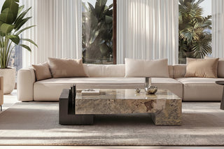 Rectangular Marble Coffee Table – Italian Light Luxury Monet Grey Stone & Walnut