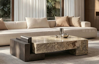 Rectangular Marble Coffee Table – Italian Light Luxury Monet Grey Stone & Walnut