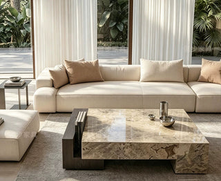 Rectangular Marble Coffee Table – Italian Light Luxury Monet Grey Stone & Walnut