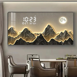 Horloge murale numérique Montagne – Horloge décorative en porcelaine de cristal avec paysage