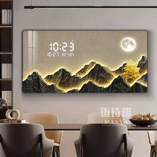 Horloge murale numérique Montagne – Horloge décorative en porcelaine de cristal avec paysage