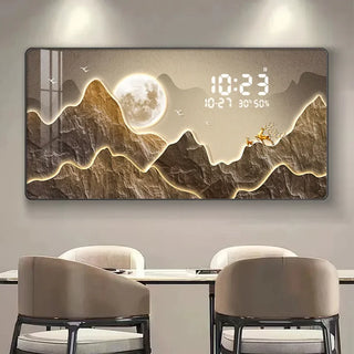 Horloge murale numérique Montagne – Horloge décorative en porcelaine de cristal avec paysage