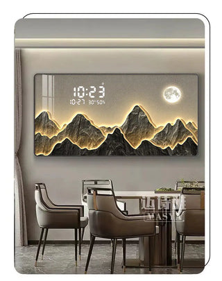 Horloge murale numérique Montagne – Horloge décorative en porcelaine de cristal avec paysage