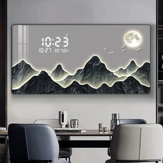 Horloge murale numérique Montagne – Horloge décorative en porcelaine de cristal avec paysage