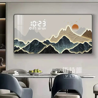 Horloge murale numérique Montagne – Horloge décorative en porcelaine de cristal avec paysage