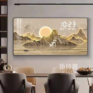 Horloge murale numérique Montagne – Horloge décorative en porcelaine de cristal avec paysage