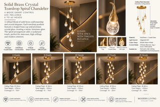 Solid Brass Crystal Teardrop Spiral Staircase Chandelier – Forged Brass Cap, 4-Mode Smart Control, LED Included, 6 to 60 Heads