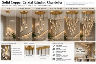 Solid Copper Crystal Raindrop Chandelier – Round or Linear Canopy, E14, 11 Configurations