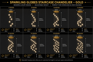 Sparkling Globes Staircase Chandelier – Silver or Gold, 6 to 15 Heads, Warm, Neutral & Cool White