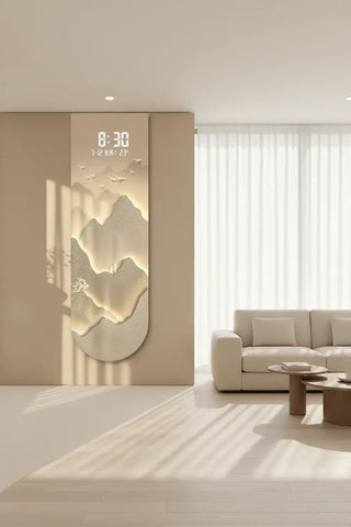Sunlit Golden Mountain LED Wall Art Clock – Touch Digital Modern Decor - GraffitiWallArts.com