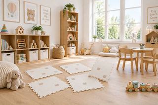 Teddy Bear Print EVA Foam Interlocking Play Mat – 6 Tiles 60x60cm, Cream, Washable & Non-Slip