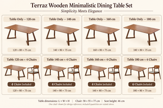 Terraz wooden dining table set with minimalist angled legs, available in various sizes from 120cm to 180cm with matching chairs.