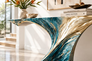Abstract Wave Arc Console Table for Entryway or Hallway – Blue & Gold-GraffitiWallArts