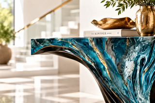 Abstract Wave Arc Console Table for Entryway or Hallway – Blue & Gold-GraffitiWallArts