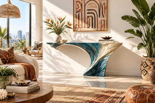Abstract Wave Arc Console Table for Entryway or Hallway – Blue & Gold-GraffitiWallArts