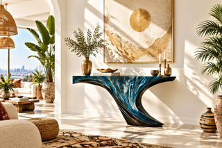 Abstract Wave Arc Console Table for Entryway or Hallway – Blue & Gold-GraffitiWallArts