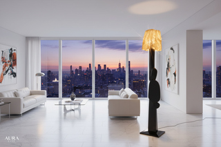 Modern interior with a dark wooden table, floor lamp, and decorative elements.