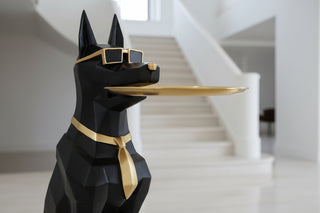 Alsatian Dog Tray Statue – White Gloss German Shepherd with Gold Sunglasses & Tray-GraffitiWallArts