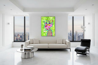 Vibrant graffiti-style Pink Panther canvas art with a plaid shirt on a neon green background.