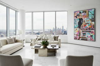 Audrey Hepburn pop art canvas wall art in a black dress with Paris fashion brands.