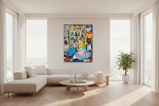 Banksy Graffiti Alice and Wonderland canvas wall art in a black floating frame, displayed in a modern living room.