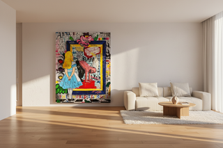Banksy Graffiti Alice and Wonderland mirror canvas wall art in a modern living room.