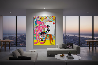 Bold Pink Panther painting Banksy's "Girl with Balloon" on a vibrant graffiti canvas, displayed in a modern living room.