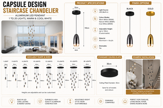 Capsule Design Staircase Chandelier – Aluminium LED Pendant, 1 to 20 Lights, Warm & Cool White-GraffitiWallArts
