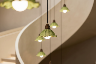 Celadon Ceramic Flower Petal Staircase Pendant Light – Walnut Wood & Gold, Full-Spectrum LED, 6 to 18 Heads