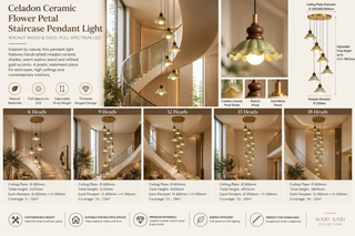 Celadon Ceramic Flower Petal Staircase Pendant Light – Walnut Wood & Gold, Full-Spectrum LED, 6 to 18 Heads-GraffitiWallArts