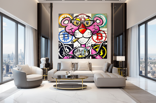 Pink Panther graffiti art canvas with Bitcoin symbols, wearing glasses, smoking a cigar, on a motorcycle.