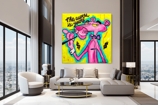 Vibrant Pink Panther pop art canvas with "The world is yours" text, dollar signs, and a bow tie, displayed in a modern living room.