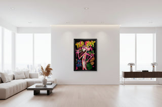 Pink Panther graffiti art canvas with neon pink, yellow, and green accents, framed in black.