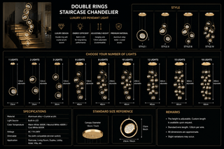 Lustre d'escalier à doubles anneaux – Suspension LED de luxe, 1 à 18 lumières