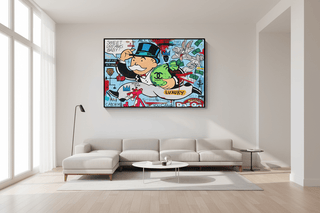 Colorful "Sweet Dreams Baby - Mr Monopoly" canvas wall art with Bugs Bunny, black frame, in a modern living room.