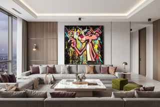 Pink Panther smoking graffiti art canvas poster with vibrant paint splatters in a black frame.