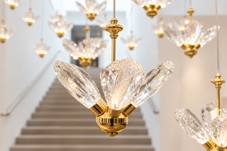 Crystal Petal Flower Staircase Chandelier – Polished Brass & Hand-Cut Crystal, Tri-Colour LED, 8 Sizes