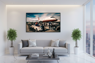 Godfather Scarface Legends Wall Art featuring a plane, luxury cars, and characters, framed on a white wall above a gray sofa.