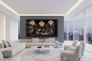 Godfather Scarface Legends Wall Art in a dark brown frame, hanging above a large white sectional sofa in a modern living room.