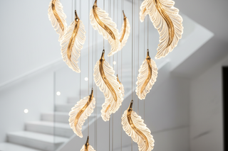 Gold Acrylic Feather Leaf Spiral Staircase Chandelier – Stepless Dimming, LED Included, 6 to 88 Heads-GraffitiWallArts