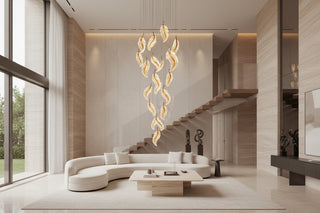 Gold Acrylic Feather Leaf Spiral Staircase Chandelier – Stepless Dimming, LED Included, 6 to 88 Heads-GraffitiWallArts