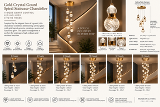Gold Crystal Gourd Spiral Staircase Chandelier – 4-Mode Smart Control, LED Included, 3 to 60 Heads-GraffitiWallArts
