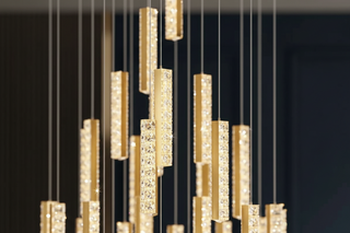 Gold Crystal Tube Staircase Chandelier – Brushed Gold Stainless Steel & Crystal, Stepless Dimming, 17 to 60 Heads-GraffitiWallArts